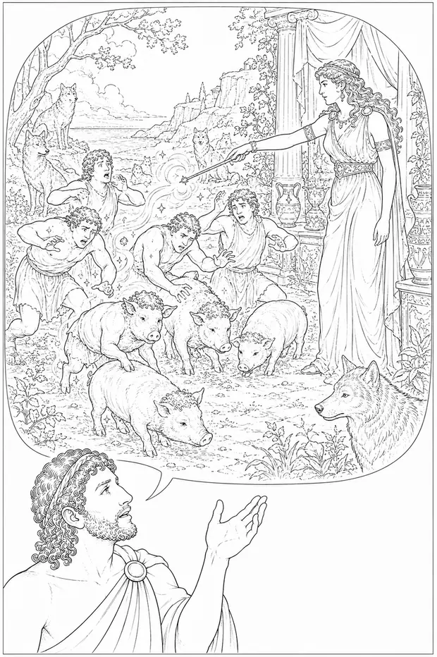 Ilustração: a feiticeira Circe transforma os marinheiros em porcos