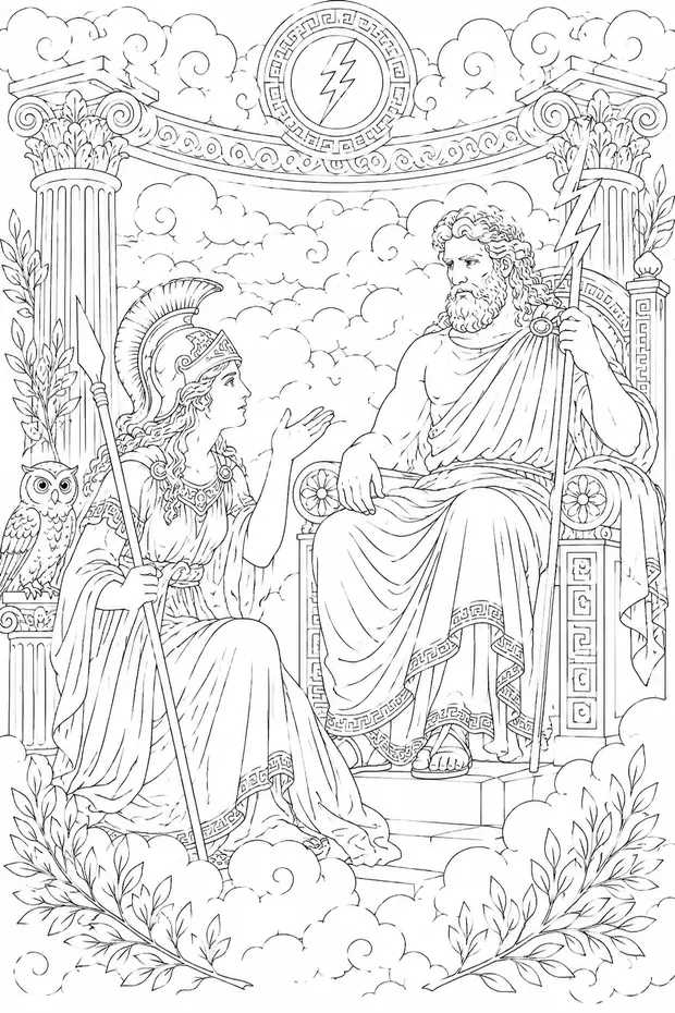 Ilustração: Atena diante de Zeus no Olimpo